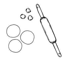 Hand-drawn simple vector illustration with a black outline. Slices of dough, rolled johnny-cake , rolling pin, top view. Cooking flour products. Kitchen items, food.