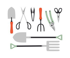 Vector illustration of gardening tools isolated on a white background.  Trowel, rake, pruner, scissors, shovel, and fork. Concept of healthy eating, local farming. Garden care tools.