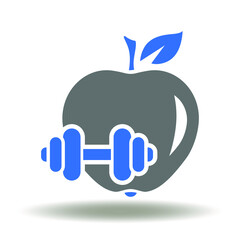 Apple with dumbbell conceptual vector icon. Healthy lifestyle, fit, diet and sport symbol.