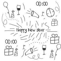 hand drawn new year eve doodle design vector illustration. Present, countdown, beer, baloon, hat, and gift