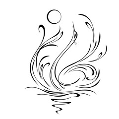stylized graceful Swan floating on the water. Graphic illustration in black lines on a white background