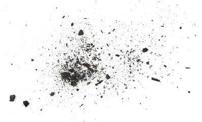 Obraz premium Black charcoal dust, gunpowder isolated on white background and texture, top view