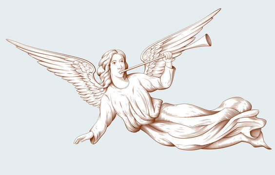 Flying angel with trumpet. Biblical illustrations in old engraving style. Decor for religious holidays. Hand drawn vector illustration.