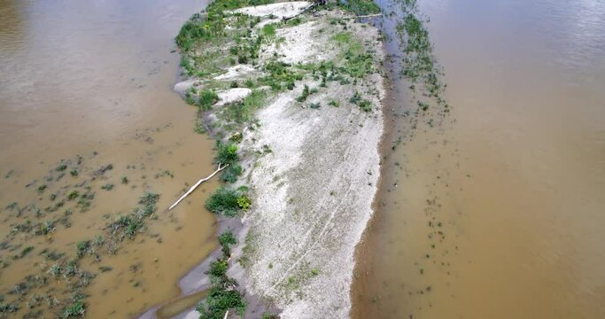 Aerial view of the gravel bar island with the common tern breeding colony, the Drava River