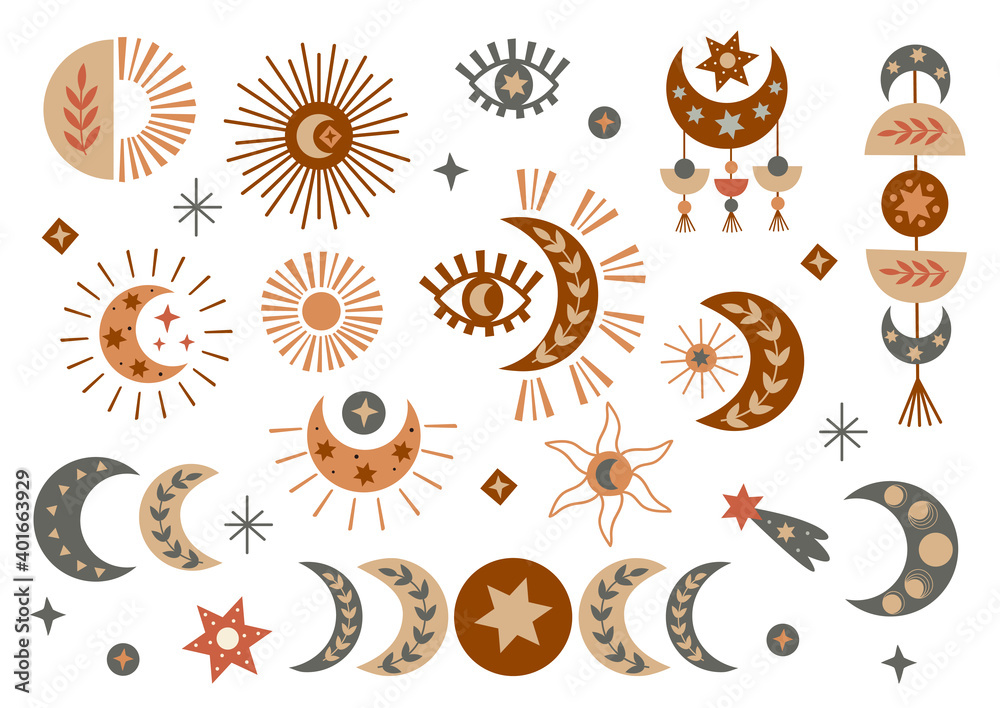 Wall mural set of isolated celestial and boho elements