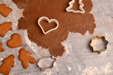 Flat rolled Raw gingerbread dough for cooking Christmas cookies, top view, Gingerbread dough...