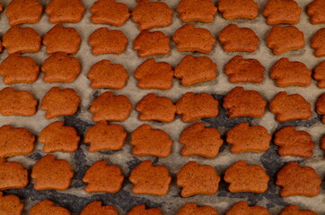 Fototapeta premium Metal pan with lots of gingerbread baked cookies in the shape of a rabbit, baked Christmas gingerbread on baking paper