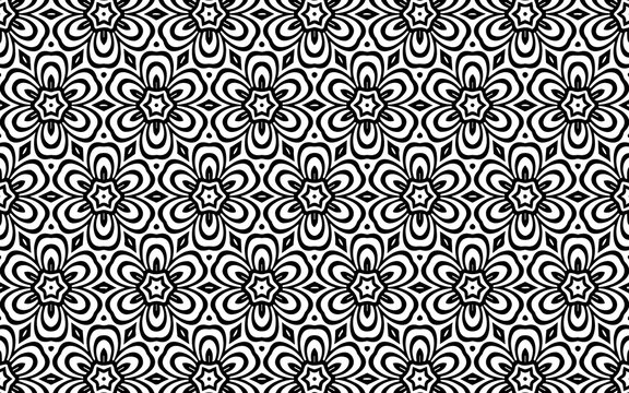 Ethnic black and white pattern. Geometric background of flowers in traditional folk style for coloring, wallpaper, textiles.