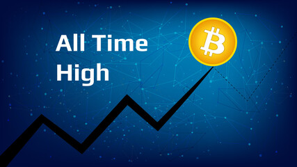 Bitcoin BTC ATH All Time High. The coin has the highest price ever. Polygonal blue background.