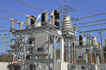 Part of high-voltage substation with switches and disconnectors.