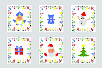 Fototapeta na wymiar New Year badges. Objects in a garland frame. Santa Claus, Snow Maiden, soft bear, herringbone, gift, snowman