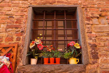 Potted plants grow in terracotta containers outside in the town of Certaldo, in the heart of Tuscany, Italy.