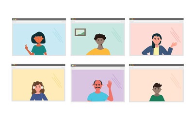 Vector Video conference. Illustration of people at video conference on laptop. Web communication. Team meeting online.Smiling man and women work remotely and have a corporate virtual discussion.