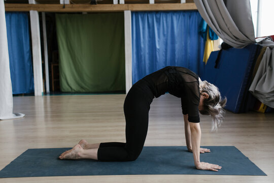 Yoga exercises in an empty yoga studio, quarantine time