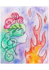 illustration of a young female face with fire flames on a colorful background close up side view
