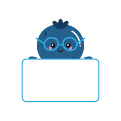 Vector cute cartoon blueberry character in glasses holding blank, empty card in hands.