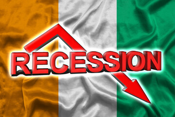 Economic crisis in Ivory Coast. Flag of the Ivory Coast, red arrow down and the inscription Recession. Slowdown and decline of the economy. 3d illustration