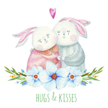 greeting card cute loving rabbits boy and girl in colors of blue tones, cute inscription, children's illustration for Valentine's Day