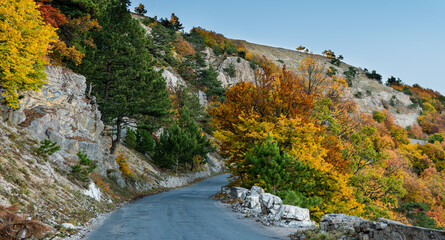 beautiful nature in the mountains of crimea in the area of ai-petri - one of the highest mountains of the crimea and a tourist attraction. stunning panorama of the natural view in autumn 