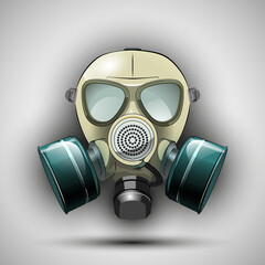 Gas mask respirator skull breather. Protective radiation suit. Breathing apparatus with two filters. Color illustration