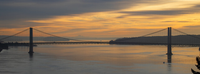 Tacoma Narrows Bridge at sunset.