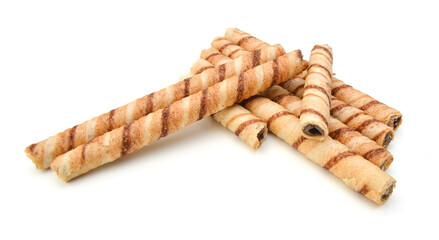 wafer rolls with chocolate isolated on white background