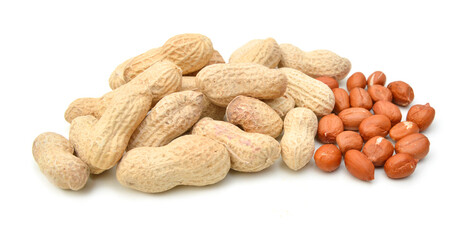 Composition from nuts on the white isolated background 
