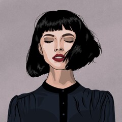 Illustration portrait of a beautiful woman with short datk brown hair and red lips
