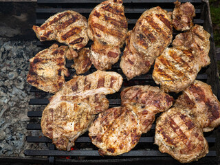 roasted pork steaks on the grill. cooking at the picnic. grill grate.