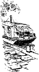 ferry terminal dock sketchy image. Monochromatic  illustration of a boat in a shipyard. 