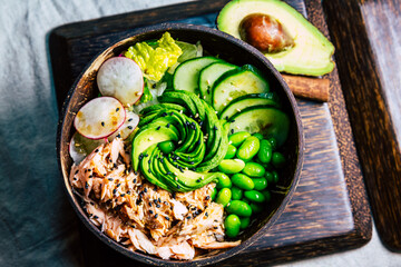 Healthy food clean eating selection: fruit, vegetable, seeds, superfood, cereal, leaf vegetable 