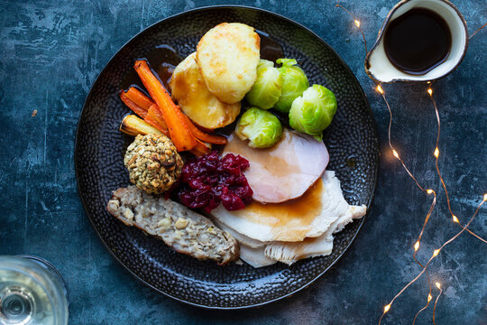 Christmas Dinner Witt Turkey, Sausage Meat, Roast Potatoes, Stuffing And Cranbery Sauce