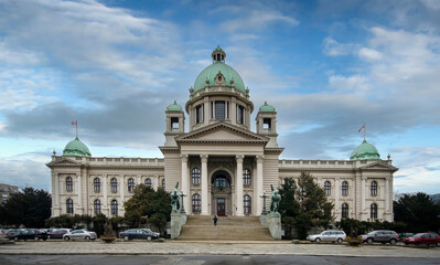 Fototapeta na wymiar Parliament of the Republic of Serbia (Narodna skupstina Republike Srbije) in Belgrade (Beograd). The building of the National Assembly