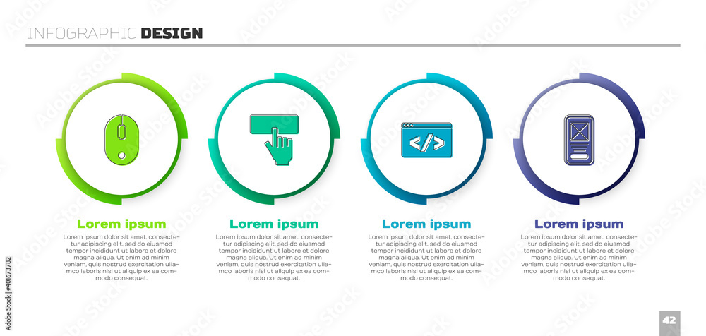 Wall mural set computer mouse, keyboard, front end development and ui or ux design. business infographic templa