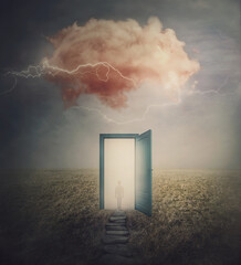 Surreal scene, teleportation concept, time and space traveling through a open door on a mystic...