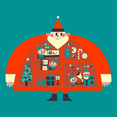 Santa & his Elves Christmas Retro Illustration