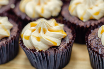 Salted caramel cupcakes, tempting little chocolate cupcakes with a baileys flavour frosting and caramel drizzle