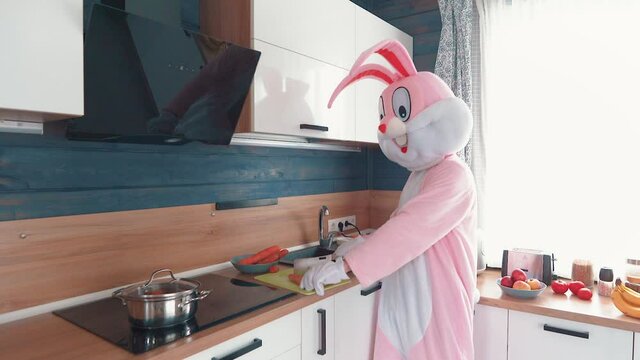 Easter Bunny or rabbit preparing for celebrate Happy easter. Man in adult giant big bunny costume cutting carrot, dancing on kitchen
