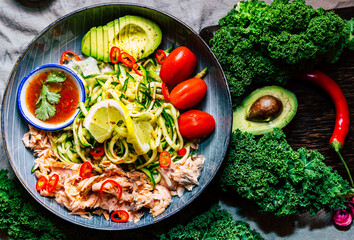 Healthy food clean eating selection: fruit, vegetable, seeds, superfood, cereal, leaf vegetable 