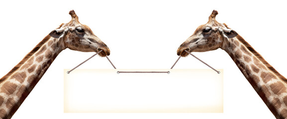 Two giraffes hold an empty banner for advert