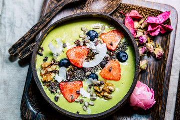 Smoothie Bowl / Healthy breakfast concept, selective focus