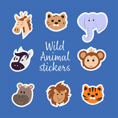 Collection of stickers with wild animals - faces of elephant, giraffe, cheetah, zebra, monkey, hippo, lion and tiger. Safari and Jungle. Cute vector characters in cartoon style, flat design.