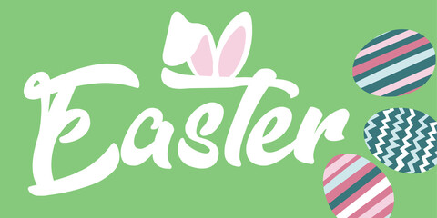 Banner: Easter. Green background and multi-colored eggs, the text is white with Easter bunny ears. Can be used as background or greeting card. Vector illustration