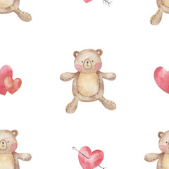 seamless pattern for valentine's day, cute teddy bear with hearts, childrens watercolor illustration on white background