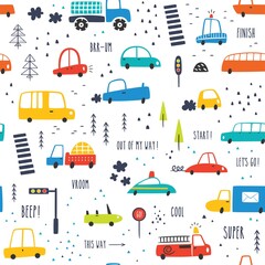 Seamless childish pattern with hand drawn cartoon cars. Creative kids texture for fabric, wrapping, textile, wallpaper, apparel. Vector illustration 