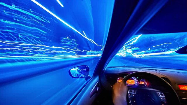 Timelapse video View from Side of Car moving in a night city, Blured road with lights with car on high speed. Concept rapid rhythm of a modern city.