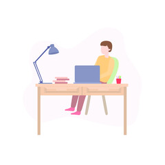 Workspace concept from home. Freelance man working on laptop from home in a comfortable environment. Vector flat illustration isolated on white background.
