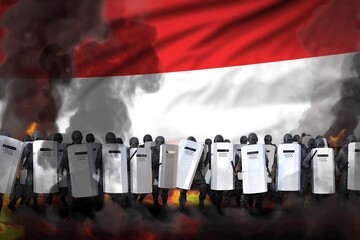 Yemen police guards in heavy smoke and fire protecting order against disorder - protest fighting concept, military 3D Illustration on flag background