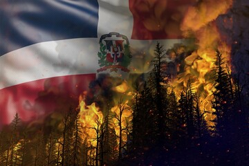 Forest fire natural disaster concept - burning fire in the woods on Dominican Republic flag background - 3D illustration of nature