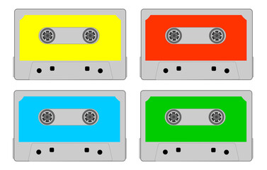 Fototapeta premium Cassette tape, vector. Colored audio cassette set. Colorful, yellow, red, blue, green. Magnetic music tape cassette collection. Vintage, old technology draw illustration
